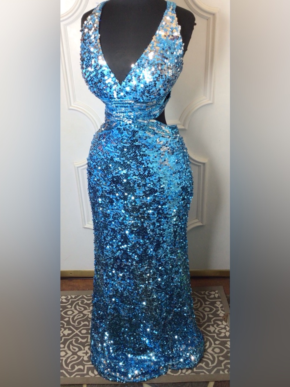 Aqua Sequin Cutout Evening Gown Size 10